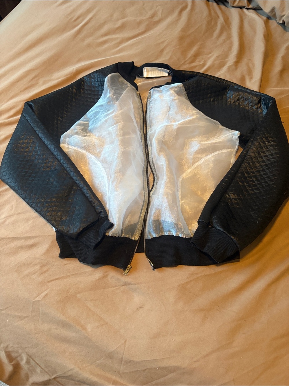 Black Quilted Bomber Jacket with Sheer White Panels